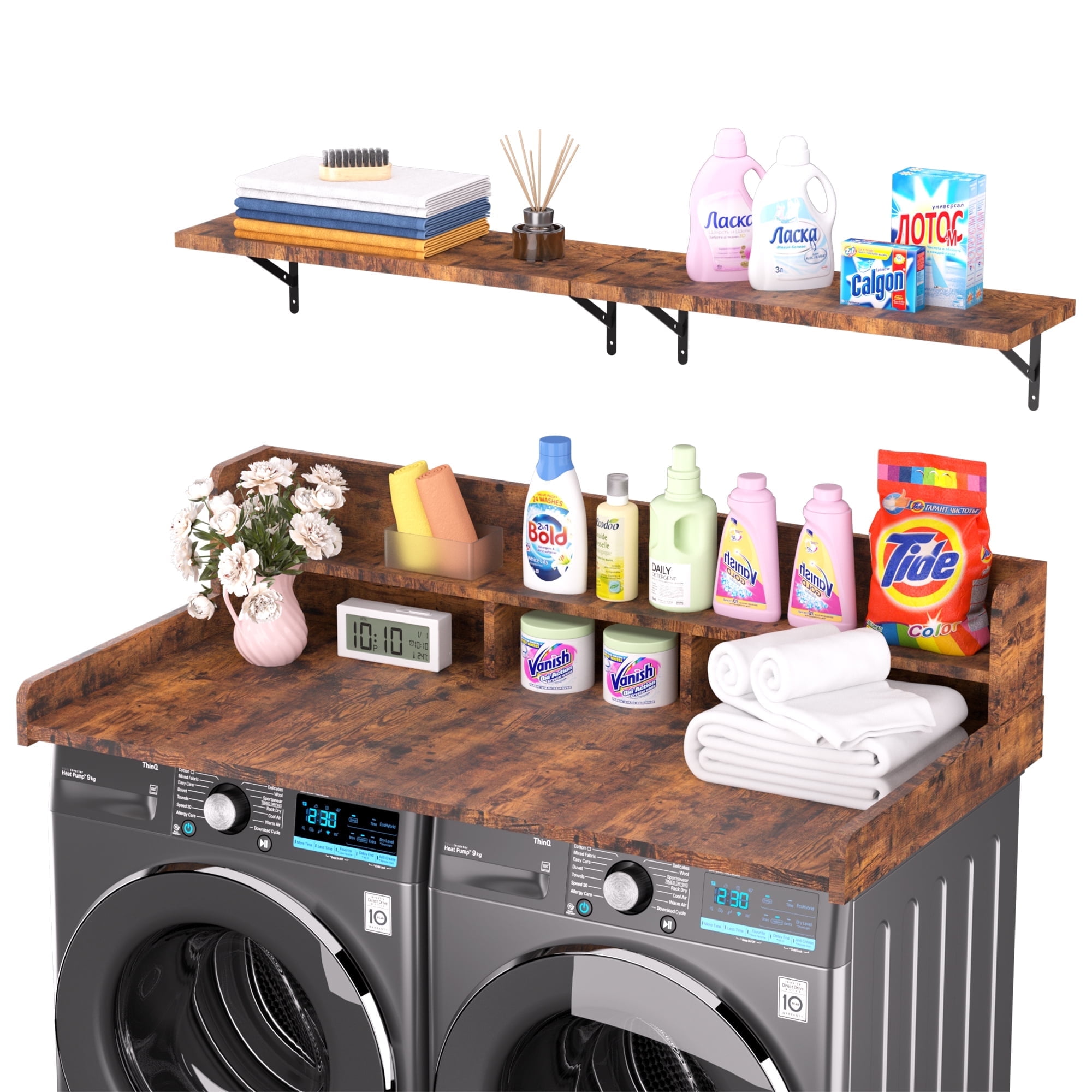 2-Tier Washer and Dryer Countertop with Storage Shelves & Non-Slip Pads, Laundry Room Organizer Countertop Set, Rustic Brown