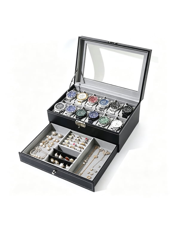 2-Tier Watch Storage Case with Glass Lid, Lockable Jewelry Display Box for Men Watches, Jewelry, Rings, Sunglasses & Accessories