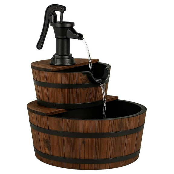 2-Tier Water Fountain Outdoor, Rustic Wood Cascading Waterfall Fountain with Electric Pump, Outside Water Feature with Decorative Hand for Garden Patio Backyard (Fir Wood) Brown