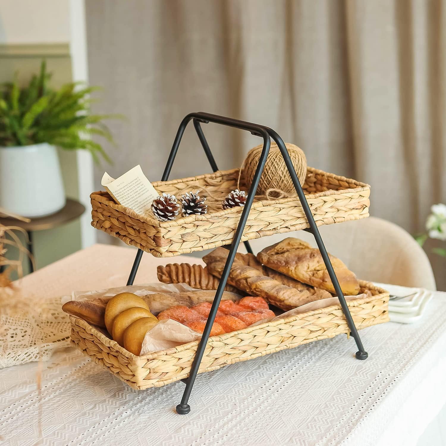 2 Tier Water Hyacinth Woven Tray with Handle, Decorative 2 Tiered