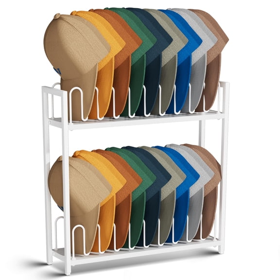 2-Tier White Metal Hat Organizer Rack For Baseball Caps, 18 Capacity Freestanding Cap Storage Stand