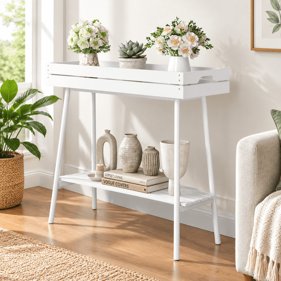 2-Tier White Plant Stand, 28.54 Inch Height, Indoor Outdoor Plant Rack for Small Spaces