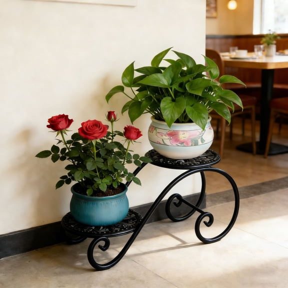 2 Tier White Plant Stand, Metal Flower Stand indoor Outdoor, Anti-Rust Iron Plant Shelf, Round Flower Pot Stands for Multiple Plants, Display Rack Potted Plant Holders for Garden Home Deco