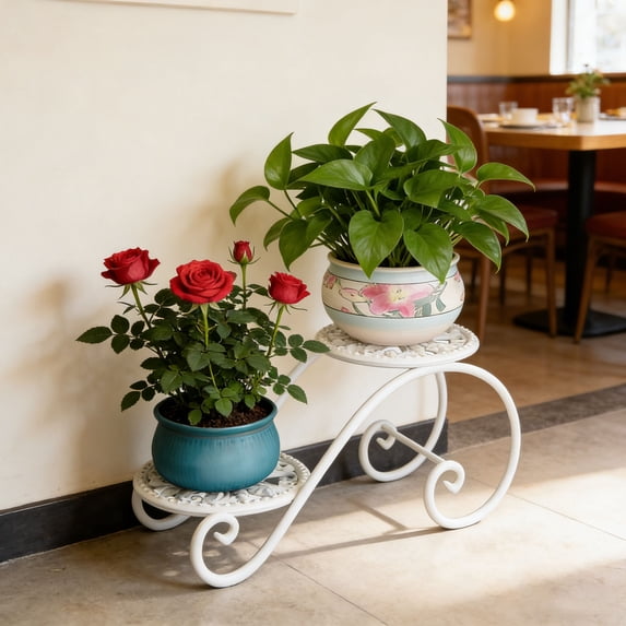 2 Tier White Plant Stand, Metal Flower Stand indoor Outdoor, Anti-Rust Iron Plant Shelf, Round Flower Pot Stands for Multiple Plants, Display Rack Potted Plant Holders for Garden Home Decor