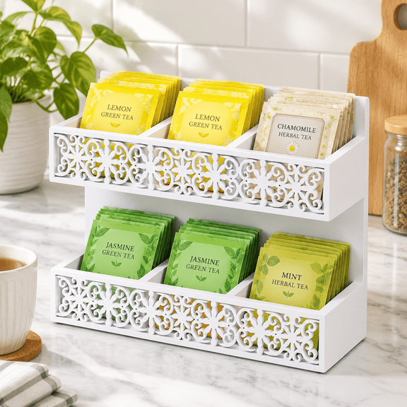 2-Tier White Wooden Tea Bag Organizer, Wall Mount or Tabletop Storage Holder