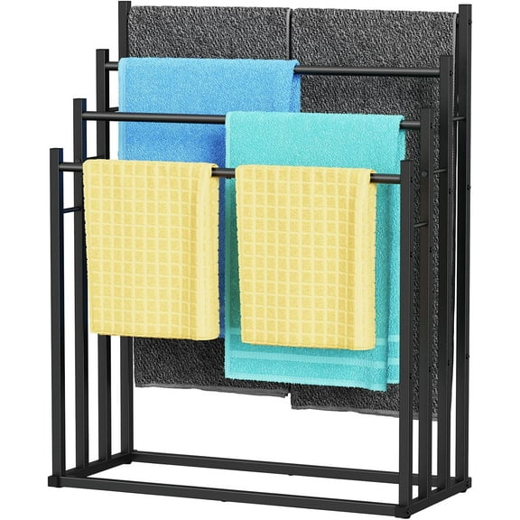 2-Tier Wider Freestanding Towel Rack, Black Outdoor Towel Drying Rack, Floor Standing Pool Towel & Blanket Stand, Storage Display Holder for Oversized Bath Towels