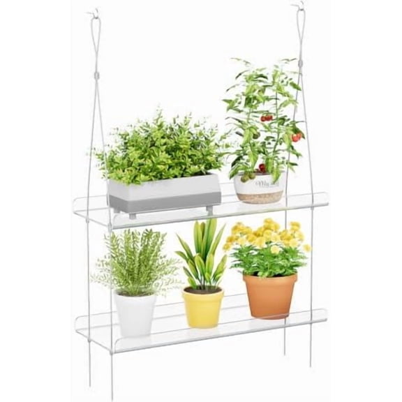 2-Tier Window Plant Shelves 15 inch, Acrylic Adjustable Hanging Floating Shelf, Window Sill Extender for Indoor Succulent Plants, Micro Greens, Seed Starter Pots, Herb Planters