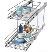 2 Tier Wire Basket Pull Out Organizer Shelf Sliding Drawer Storage for Kitchen Base, Double-Tier Heavy Duty Cabinets Chrome-Plating, 12”W x 22”D Cabinet Opening Wire Frame Plating Finish