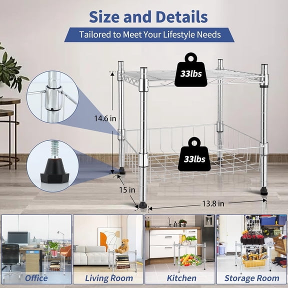 2-Tier Wire Shelving Unit with Basket, Chrome Metal Stackable Storage Rack for Garage Kitchen Office