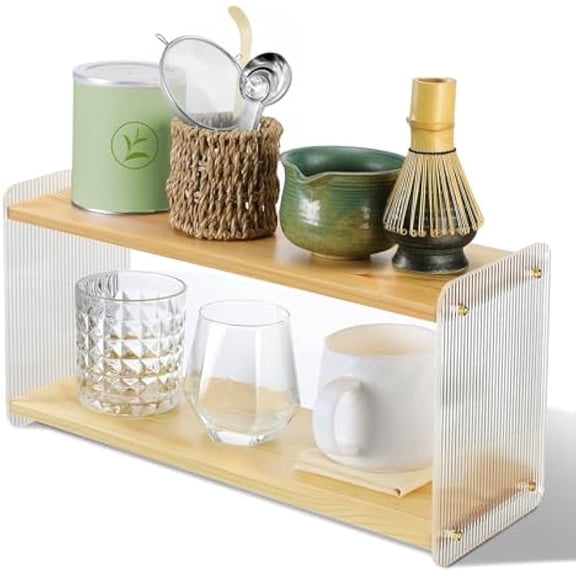 2 Tier Wood Acrylic Organizer, Countertop Display Shelf, 13.8 in Coffee Station Organizer, Tea Room Coffee Bar Matcha Station for Mugs, Coffee Beans, Syrup, Cups, Stirrers