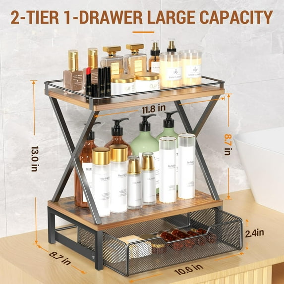 2 Tier Wood Bathroom Organizer with Drawer, Rustic Countertop Shelf for Bath Vanity Kitchen Storage (Brown)