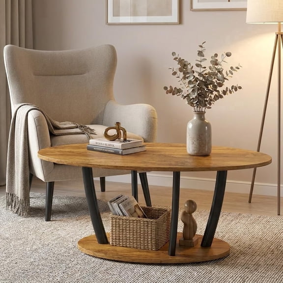 Manxile Oval Coffee Table with Storage Shelf Mid Century Brown Wood Grain and Black Metal