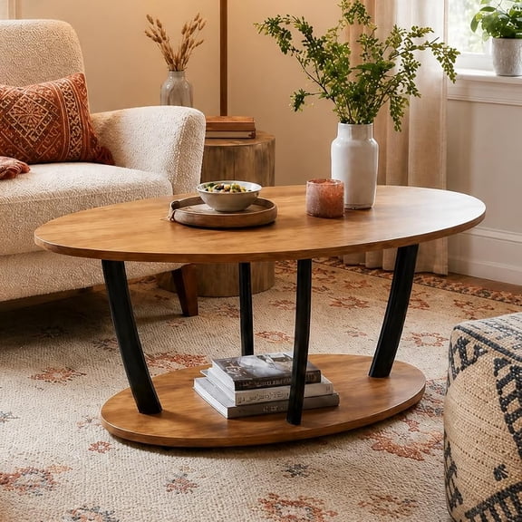 Manxile Oval Coffee Table with Storage Shelf Mid Century Brown Wood Grain and Black Metal