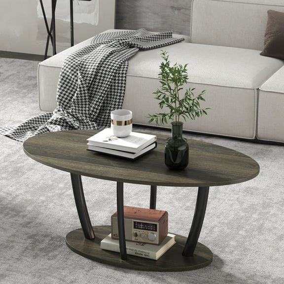 Manxile Oval Coffee Table with Storage Shelf, Farmhouse Center Table for Living Room,Charcoal Oak