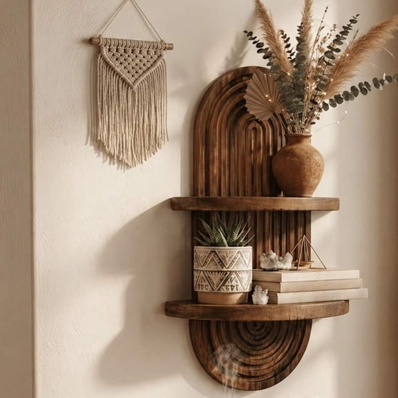 2-Tier Wood Floating Shelves For Wall, Hanging Plant Shelf Indoor, Wall Mounted Flower Pot Display Rack, Kitchen Storage & Living Room Decor, Window Sill Plant Stand, Bedroom