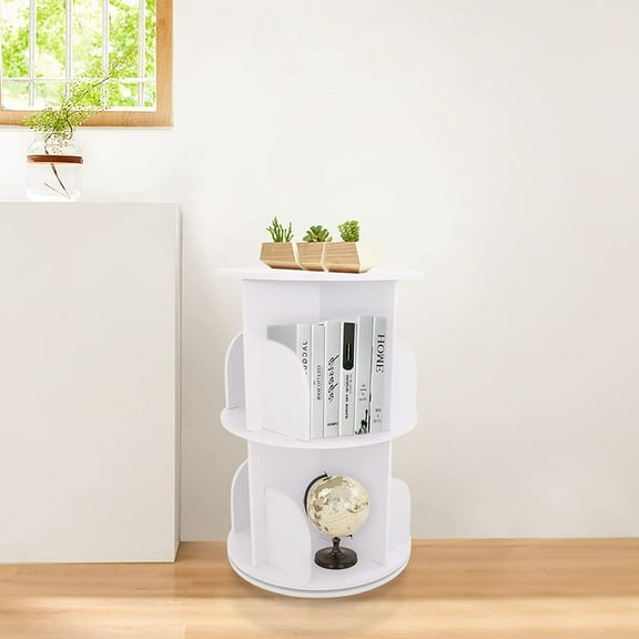 2 Tier Wood Floor Standing Bookcase 360° Rotating Display Bookshelf White