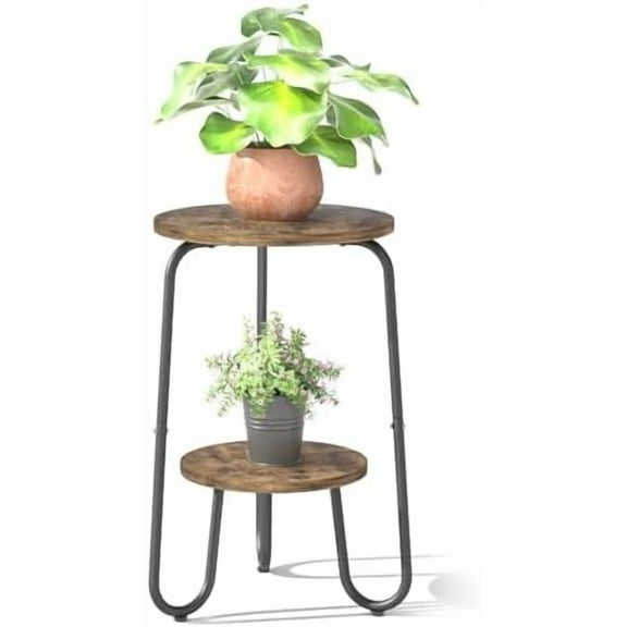 2 Tier Wood Plant Stand Indoor, Small Round Flower Pot Stand, 19.6" Tall Single Plant Holder for Living Room, Balcony, Rustic Brown End Side Table（Rustic Brown）