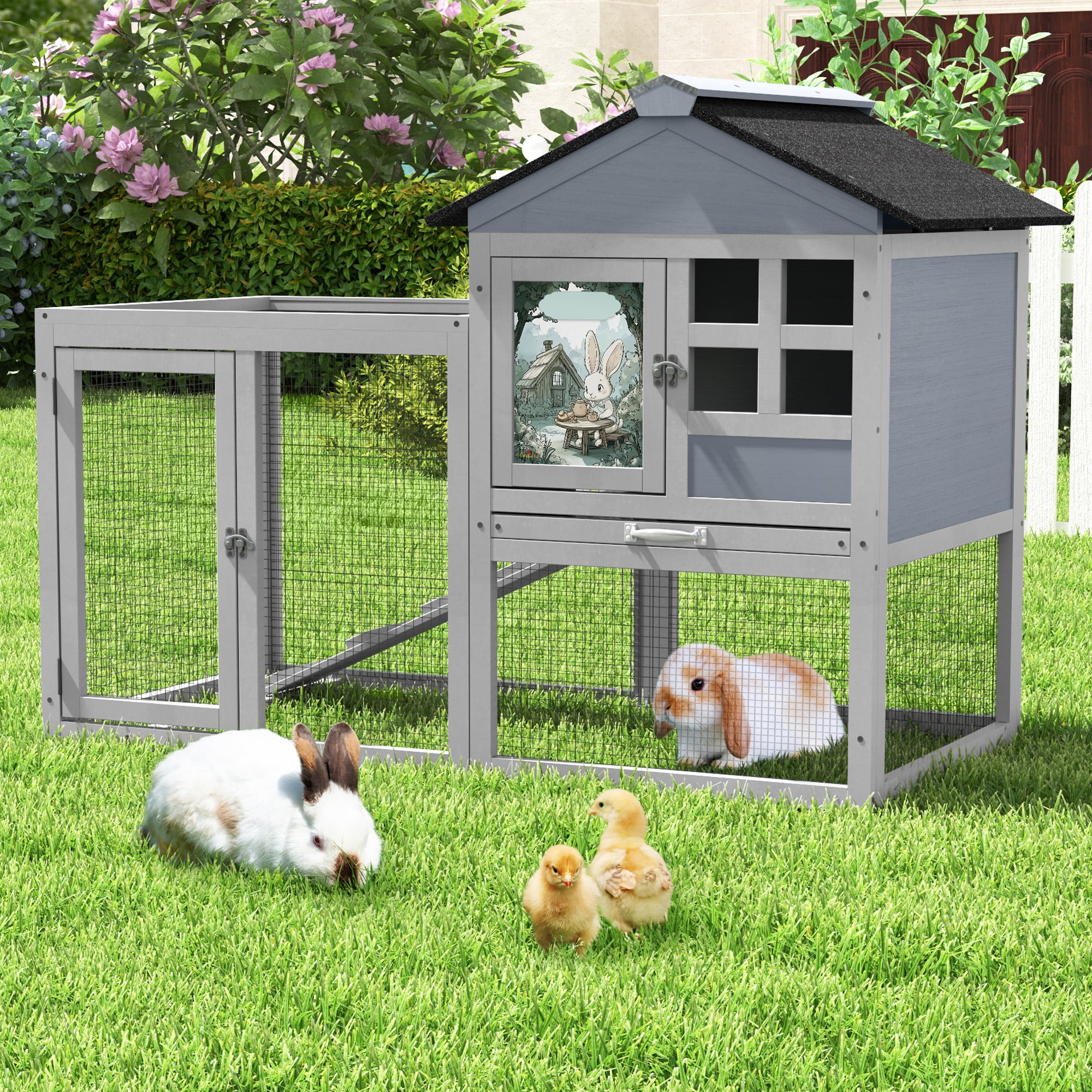 Real Rabbit Hutch 2-Tier Wood Rabbit Hutch Indoor Outdoor Small Animal House with ...