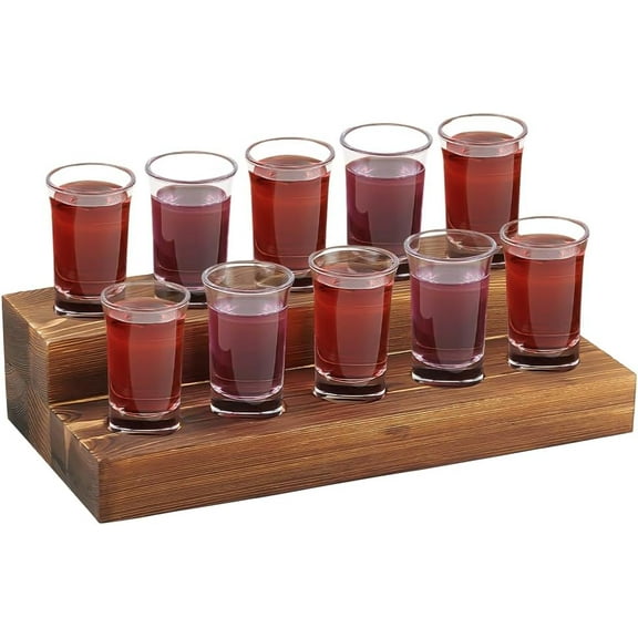 2-Tier Wood Shot Glass Holder Holds 10 Glass Rectangle Flight Board Saddle Brown Beer Sampler Tray 37cm/1.46Inch Slots Flight Paddle Beer Flight Tasting Serving for Bar Home Party 1pc
