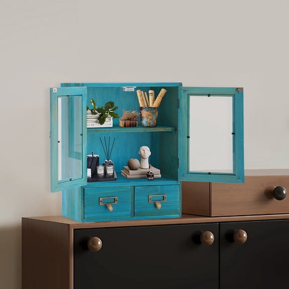 2-Tier Wood Storage Cabinet w/ 2 drawers Double Door Counter Top Storage Cabinet