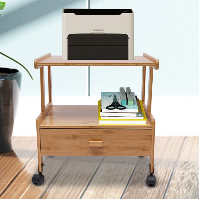2 Tier Wood Storage Cart With Wheels Drawer Office Printer Stand