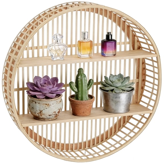 2 Tier Wood Wall Shelf, 19.6 in Round Boho Wall Mounted Shelf, Farmhouse Handcraft Floating Shelf, Display Rack Storage Circular Hanging Shelf for Bedroom, Living Room, Bathroom