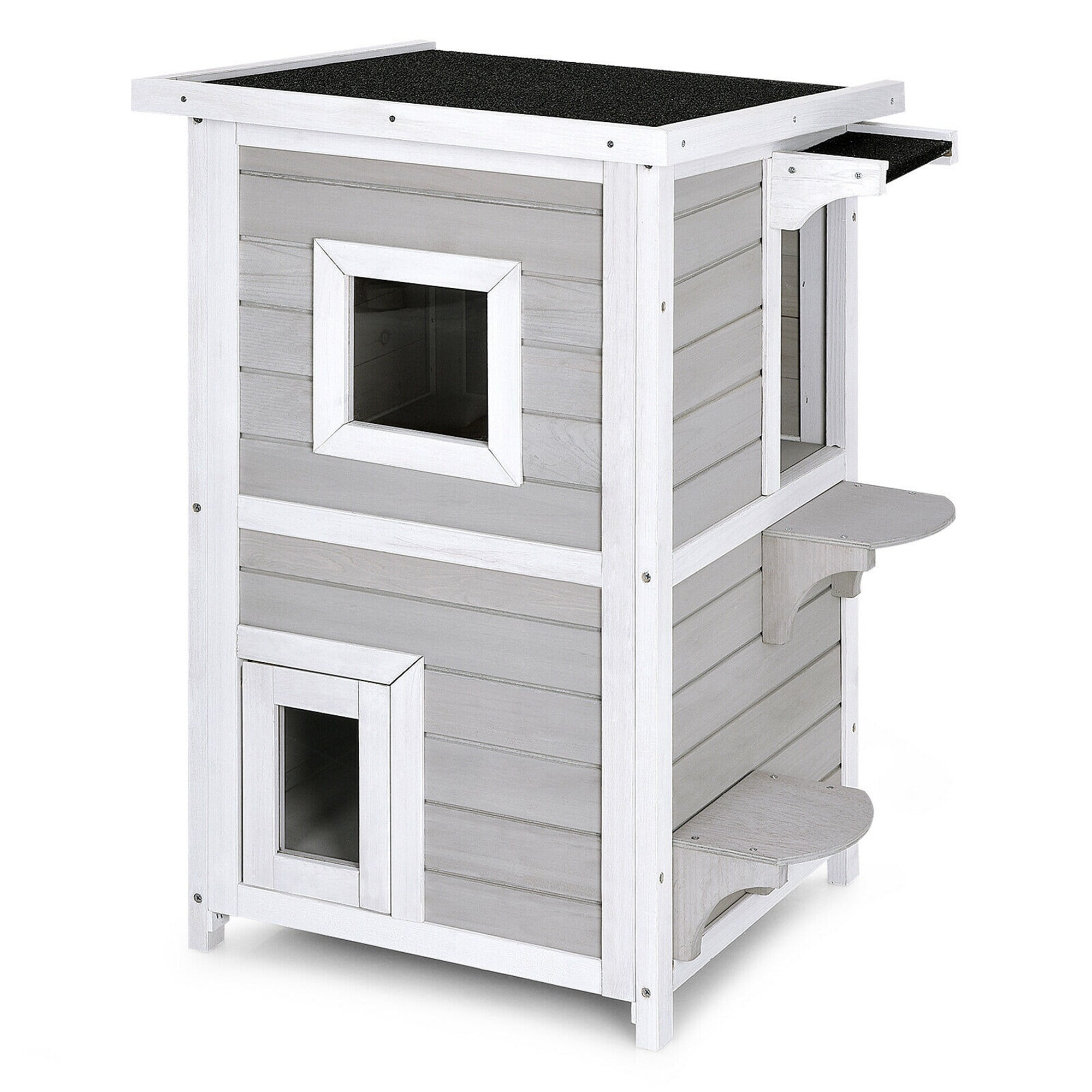 Gray and White 2-Story Wooden Outdoor Cat House with Escape Door