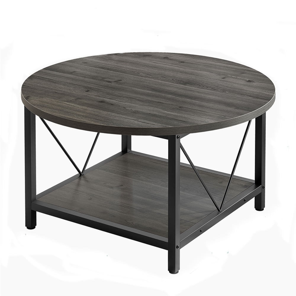 2Tier Wooden Coffee Table with Open Storage, Small Round Coffee Table