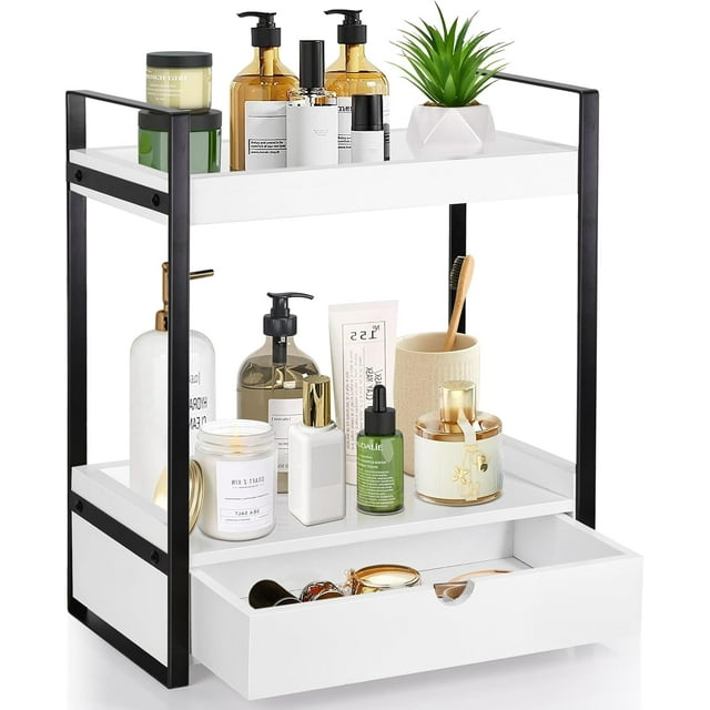 2-Tier Wooden Counter Shelf with Drawer, Vanity Tray for Organization and Decor, Countertop Organizer for Bathroom and Kitchen