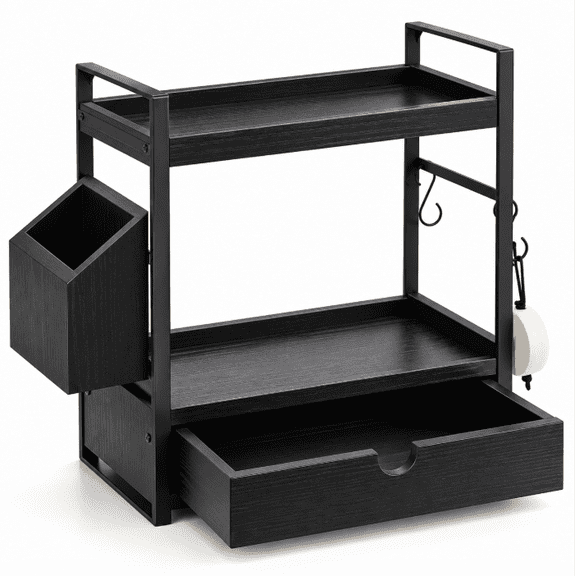 2-Tier Wooden Countertop Organizer with Drawer, Bathroom Vanity Storage Shelf for Skincare, Makeup and Perfume