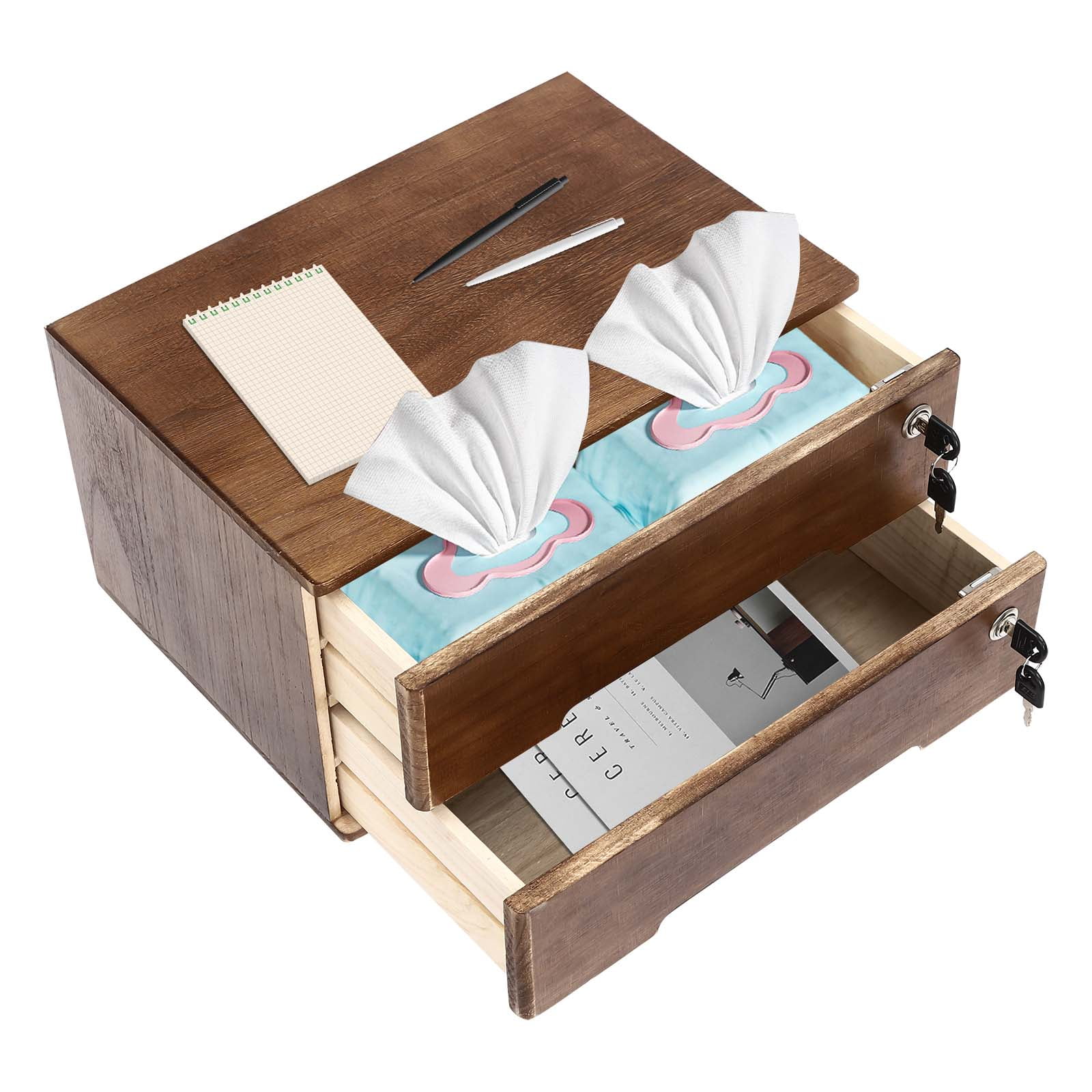 2-Tier Wooden Desk Organizer, Desk Storage Drawers Multifunctional Mini Tabletop Storage Organization Box for Home or Office, 15.75 x 11 x 8.66in (Walnut Color)