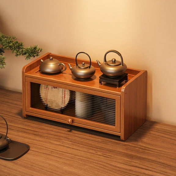 2-Tier Wooden Display Cabinet with Door - Coffee Cup Organizer, Dust-Proof Storage Shelf for Living Room/Kitchen, Space-Saving Desktop Organizer (Natural Wood Finish)‌