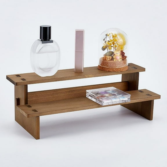 2-Tier Wooden Display Riser Shelf 4.69x11.65x3.78 Inch Camel Tabletop Small Food Stand Risers Display Makeup Step Perfume Organizer for Fragrance Cosmetics Figure Collection Camel