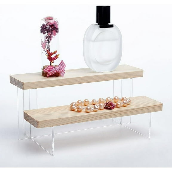 2-Tier Wooden Display Riser Shelf Antique White Tabletop Small Food Stand Risers Acrylic Display Makeup Step Perfume Organizer for Cosmetics Figure Collection 3.46x7.87x4.33inch