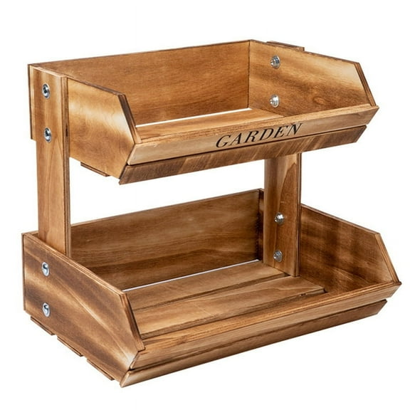 2-Tier Wooden Fruit Basket,Multipurpose Kitchen Storage for Vegetables, Bread, Style Food Container Brown