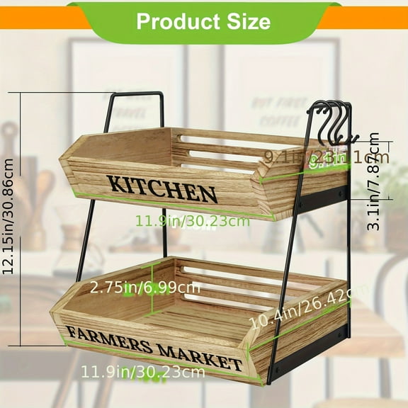 2-Tier Wooden Fruit Basket with 3 Banana Hangers, Farmhouse Style Countertop Organizer for Fruits & Vegetables