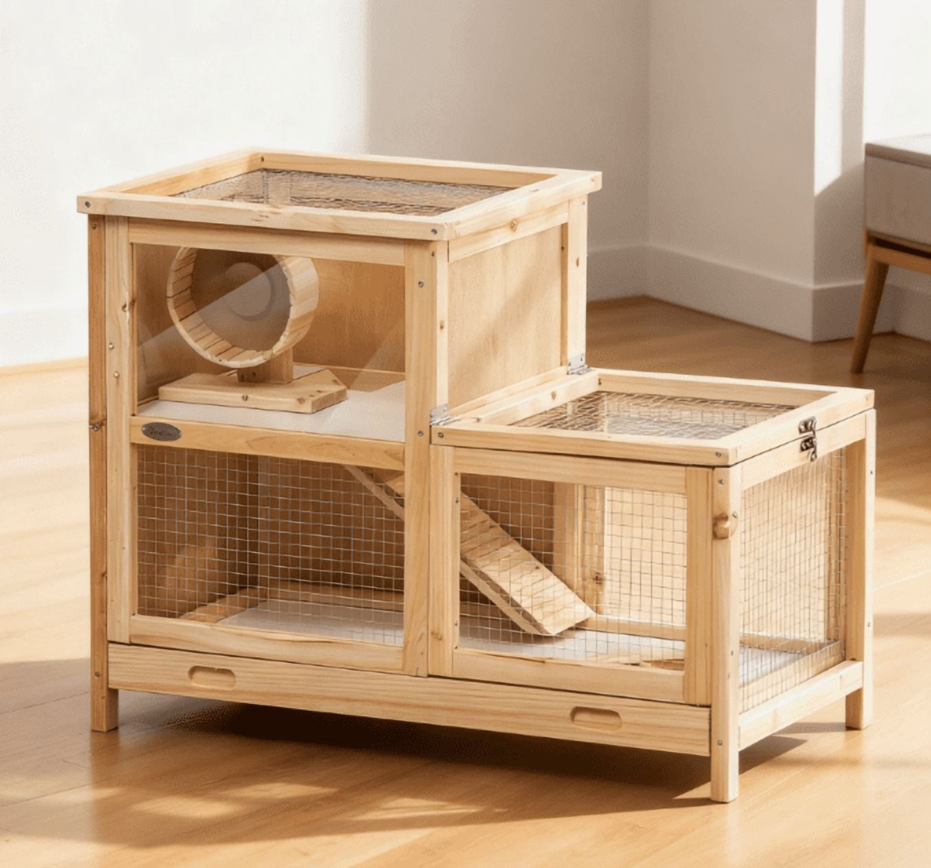 2-Tier Wooden Hamster Cage, Small Animals Hutch,Natural