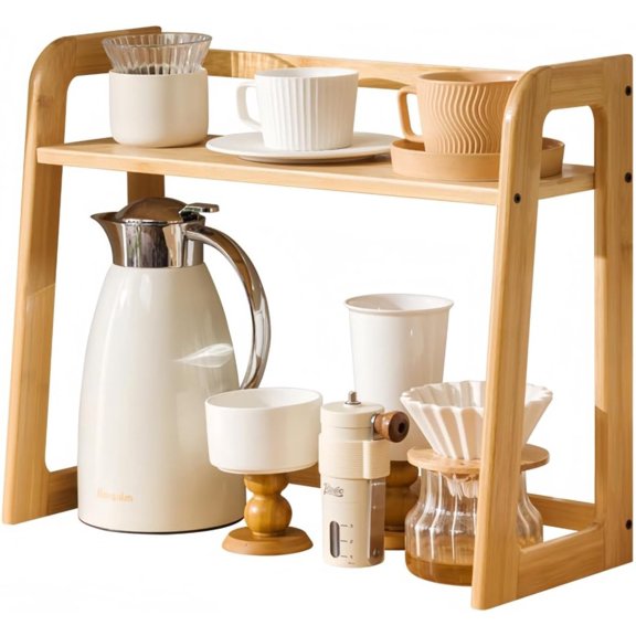 2-Tier Wooden Kitchen Counter Shelf for Bar Accessories, Multi-Functional Countertop Storage Rack