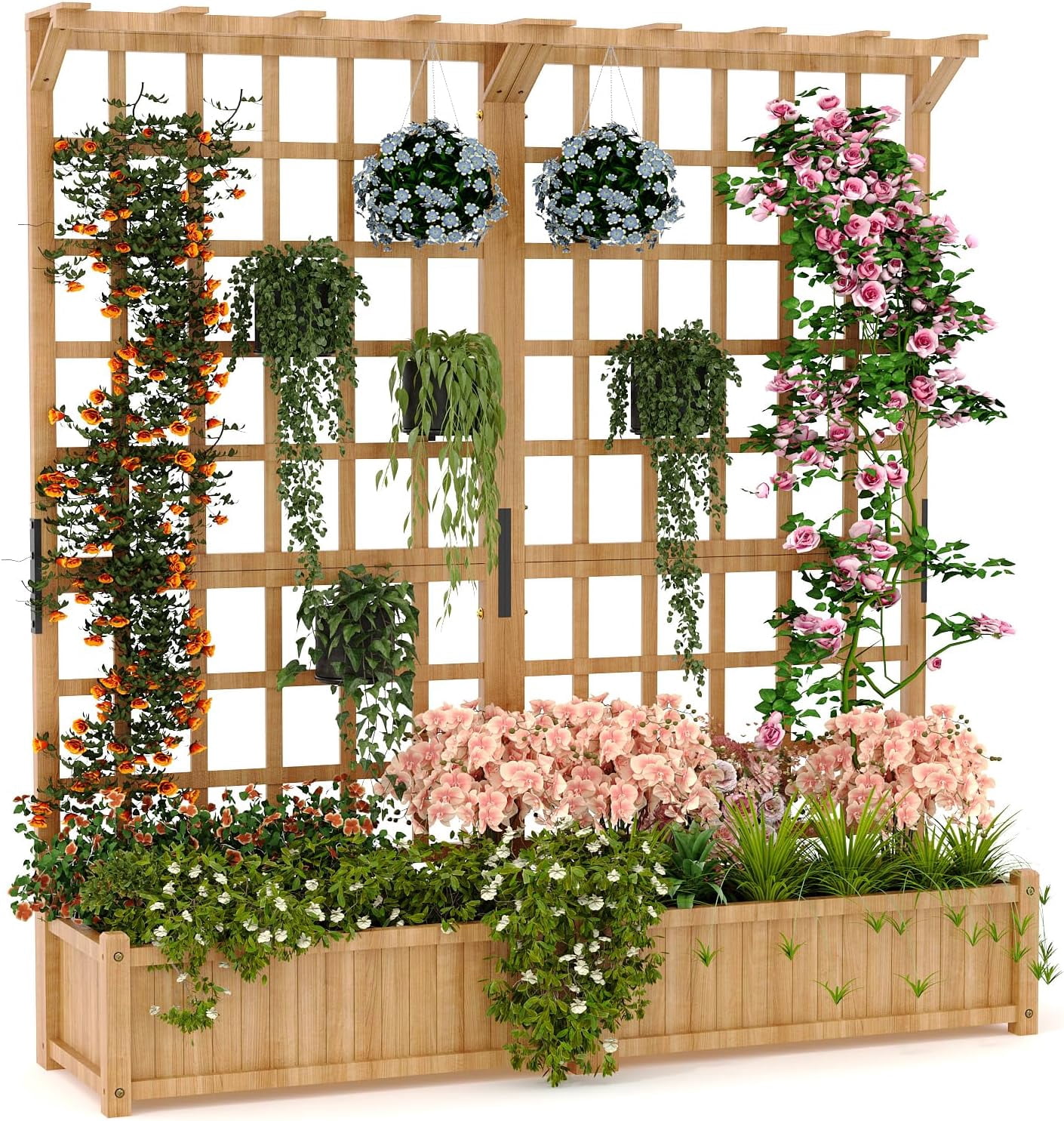 2-Tier Wooden Planter Box with Trellis for Outdoor Gardens, Elevated Raised Bed for Flowers and Vegetables, 1.4Ft Deep Planter with Hanging Roof & Drainage Holes