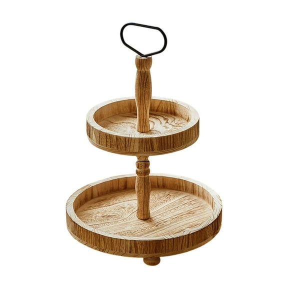 2-Tier Wooden Serving Tray Rustic Design With Handles Cupcake Stand For Desserts Fruit Snacks Kitchen Countertop Party Display Farmhouse Style Display Tray