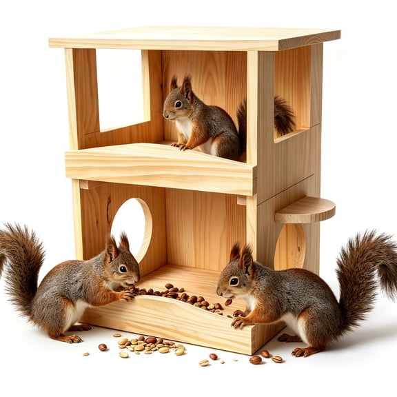 2-Tier Wooden Squirrel Feeder with Open Play Platforms - Solid Multi-Level Wildlife Feeding Station for Backyard Observation, Holds Corn Cobs & Peanuts - DIY Paintable & Easy Mount