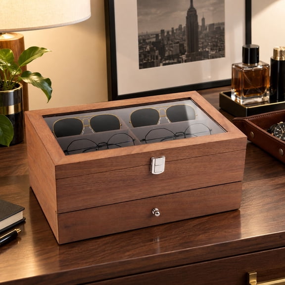 2-Tier Wooden Sunglasses Box Holds 12 Pairs with Velvet Lining & Glass Top, Retro Walnut Storage Case