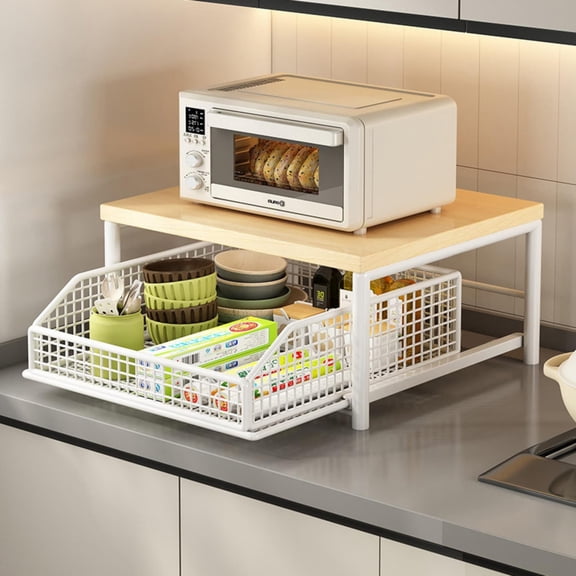 2-Tier Wooden Vegetable Fruit Basket Countertop Storage Shelf with Hooks for Towels Utensils Bags, Kitchen Organizer for Onions Potatoes Garlic Apples Fruits, Space-Saving Fresh Produce Rack