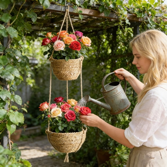 2-Tier Woven Hanging Planter - Double Layer Macrame Hanger with Natural Fiber Baskets, Boho Decor for Indoor/Outdoor Garden, Patio & Balcony (3 Styles)