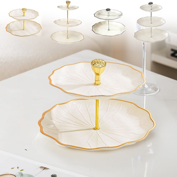 2-Tier or 3-Tier Fruit Tray Stand with Handle, Flower Design Plastic Serving Plate for Snacks, Candy, Desserts, Coffee Table Decor (Gold or Silver)