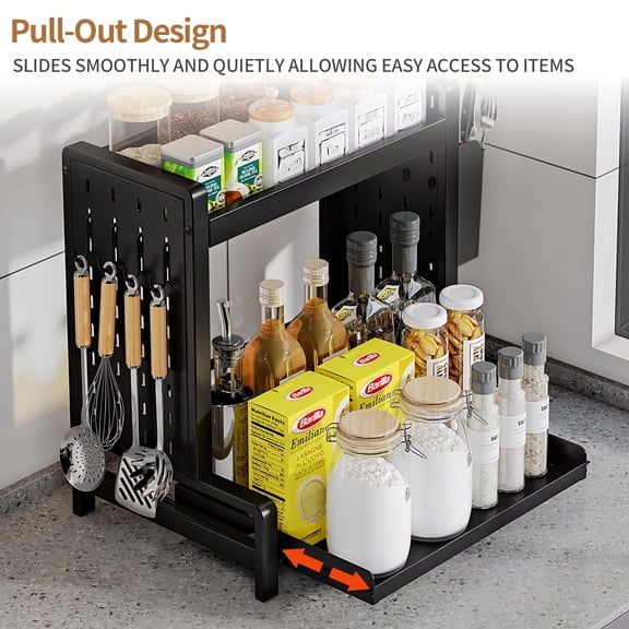 Spice Rack 2 Tier Metal Standing Kitchen Seasoning Storage Shelf with Hanging Basket Pull Out Countertop Organizer for Counter, Cabinet, Pantry, Bathroom, Bedroom (Black)