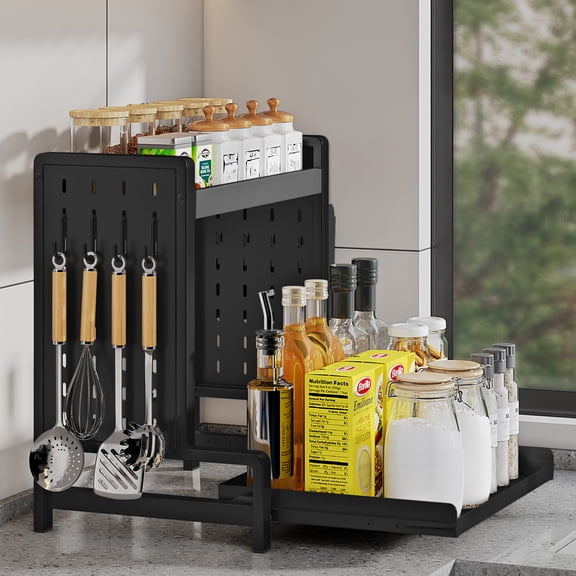 2-Tier retractable pull-out cabinet storage rack - a drawer-style storage rack suitable for kitchens, sliding home organizer, for kitchen countertops and base cabinet storage, black metal