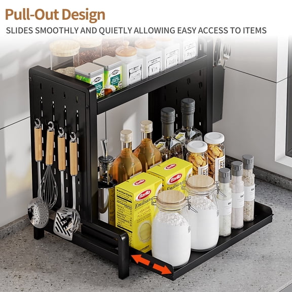 Spice Rack 2 Tier Metal Standing Kitchen Seasoning Storage Shelf with Hanging Basket Pull Out Countertop Organizer for Counter, Cabinet, Pantry, Bathroom, Bedroom (Black)