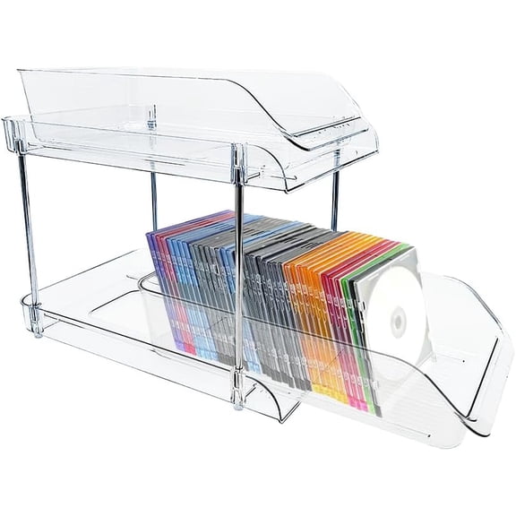 2 Tiered CD Holder Stand Plastic CD Storage Box, DVD Display Rack Organizer Clear CD Cases Record Storage Stand Cassette Tapes Shelf for Media Video Games Countertop Storage Transparent