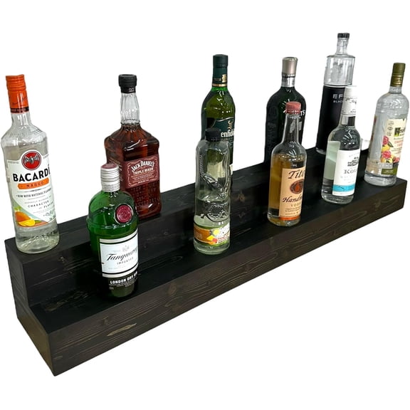 2 Tiered Countertop Liquor Bottle Display Shelf Holds 26 Bottles Bar Organizers for Wine & Whiskey Free Standing Bottle Stand for Home, Bar Decor Wooden Kitchen Counter Shelf, Black